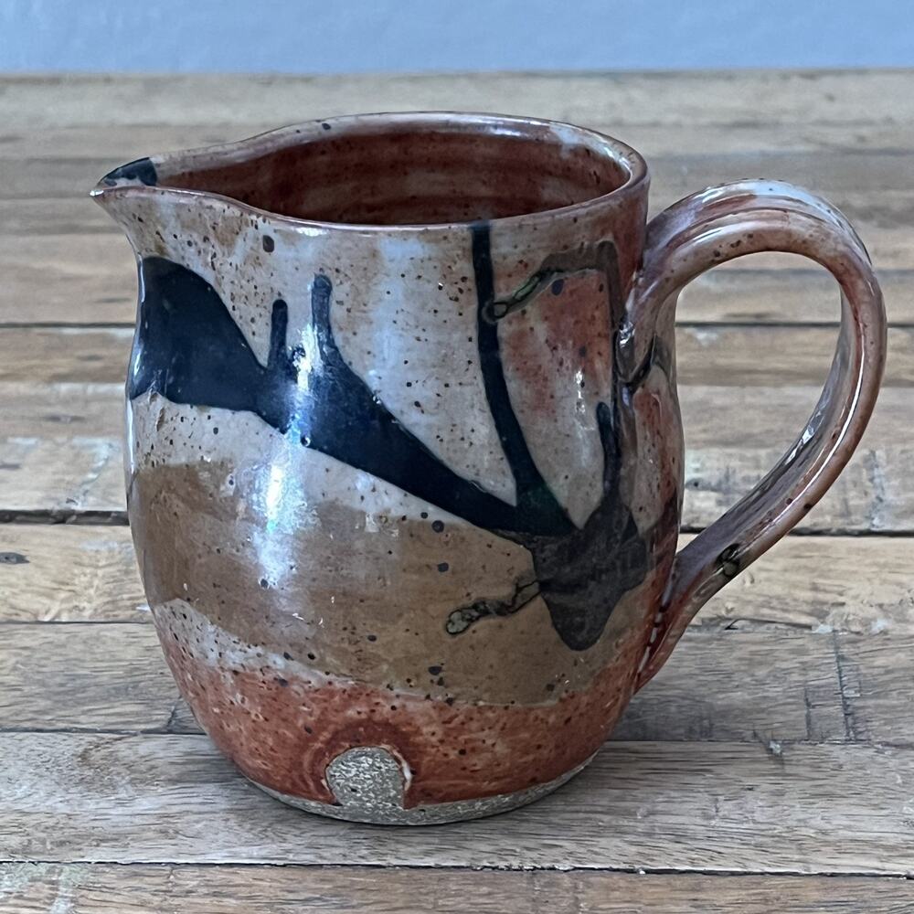 Art Studio Pottery Creamer Pitcher 4.5 in Rustic Texture Orange Tan & Blue Glaze